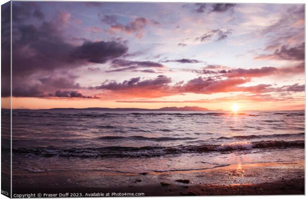 Sunset over Arran from Ayr Beach, Scotland Canvas Print by Fraser Duff