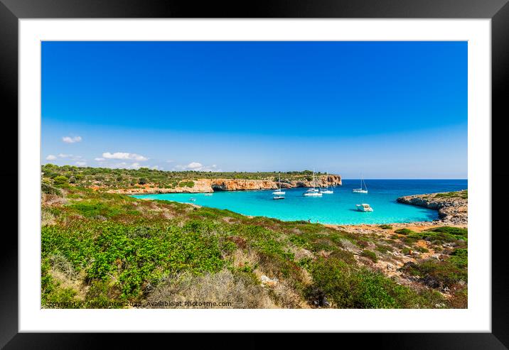 Beautiful coastline on Mallorca, idyllic bay of Cala Varques with anchoring boats, Spain island Framed Mounted Print by Alex Winter