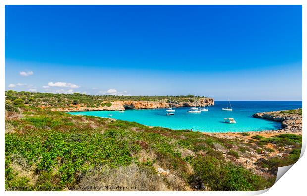 Beautiful coastline on Mallorca, idyllic bay of Cala Varques with anchoring boats, Spain island Print by Alex Winter