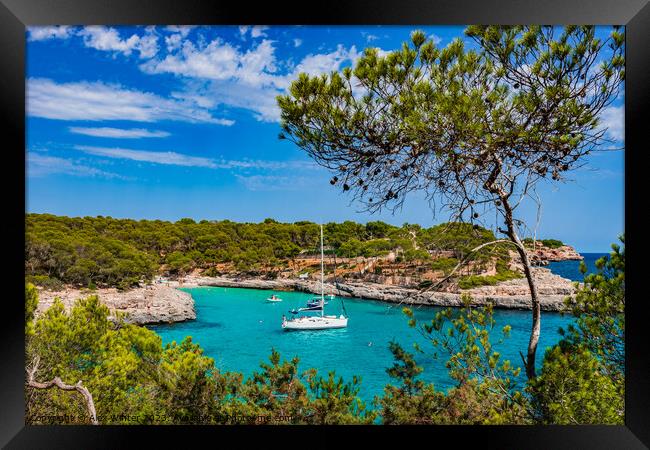 Beautiful seaside, beach bay with boats on Mallorca, Spain Mediterranean Sea Framed Print by Alex Winter