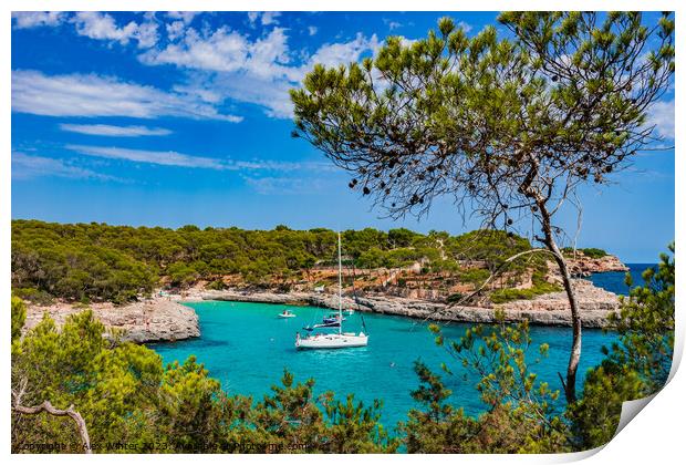 Beautiful seaside, beach bay with boats on Mallorca, Spain Mediterranean Sea Print by Alex Winter