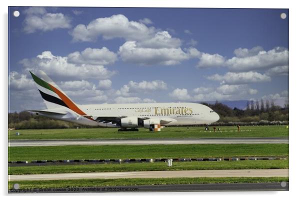 Emirates getting ready for take off Acrylic by simon cowan