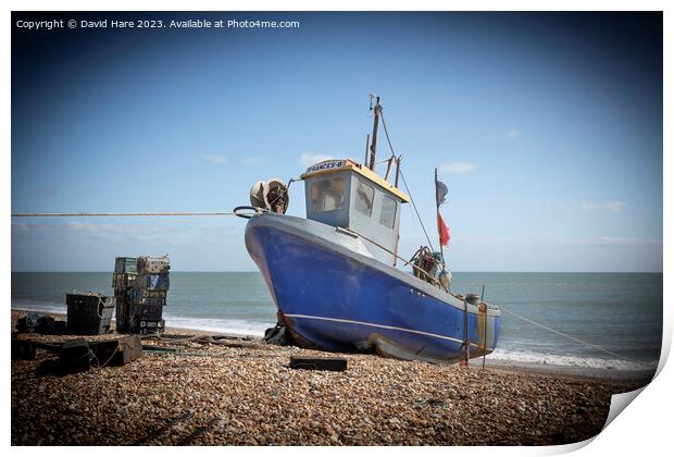 Small Blue Fishing Boat Print by David Hare