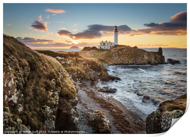 Sunset over Ailsa Craig and Turnberry Lighthouse Print by Fraser Duff