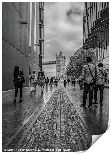Tower Bridge through the streets of London Print by Adrian Rowley
