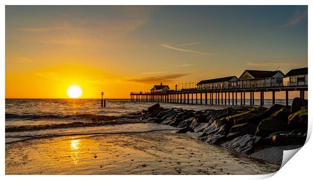 Sunrise at Southwold Pier Print by Mike Johnson