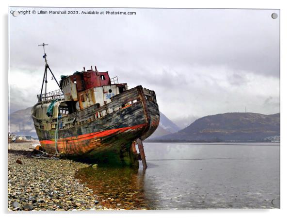 The wreck on Loch Linnhe at Corpach. Acrylic by Lilian Marshall