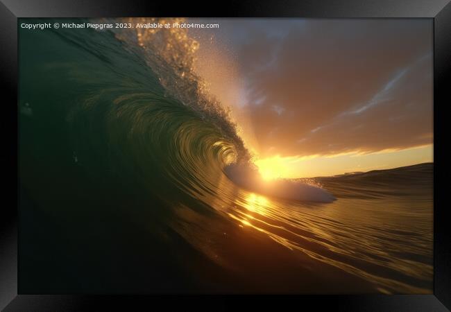 A big wave looking into the wave tunnel during sunset created wi Framed Print by Michael Piepgras