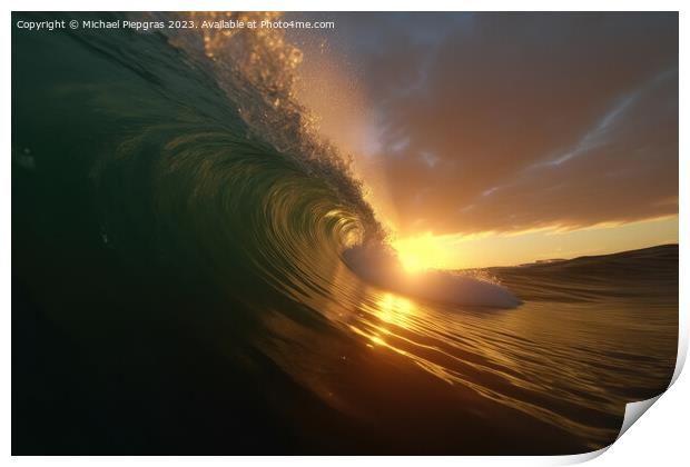 A big wave looking into the wave tunnel during sunset created wi Print by Michael Piepgras