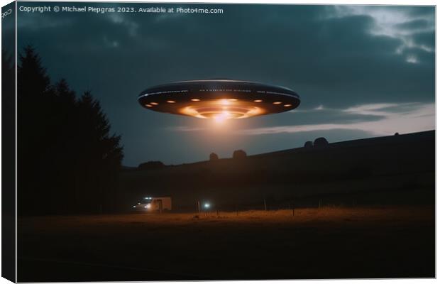 A close up view of a UFO with a spotlight pointed at the bottom  Canvas Print by Michael Piepgras
