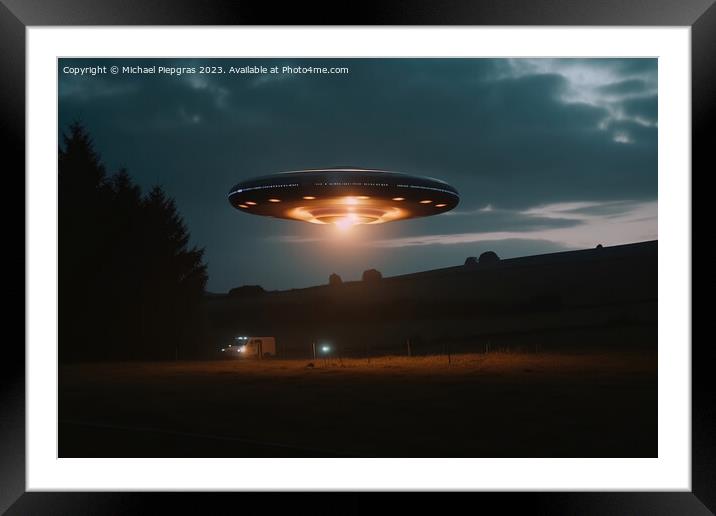 A close up view of a UFO with a spotlight pointed at the bottom  Framed Mounted Print by Michael Piepgras