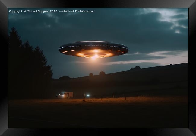 A close up view of a UFO with a spotlight pointed at the bottom  Framed Print by Michael Piepgras
