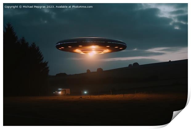 A close up view of a UFO with a spotlight pointed at the bottom  Print by Michael Piepgras