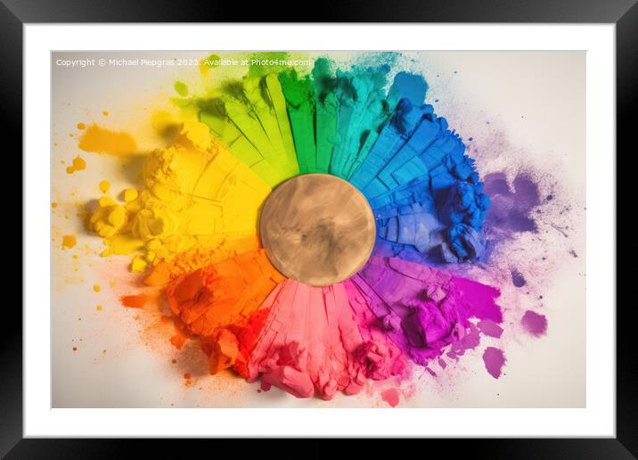 A color Wheel with goethe colors exploding in colorful powder on Framed Mounted Print by Michael Piepgras