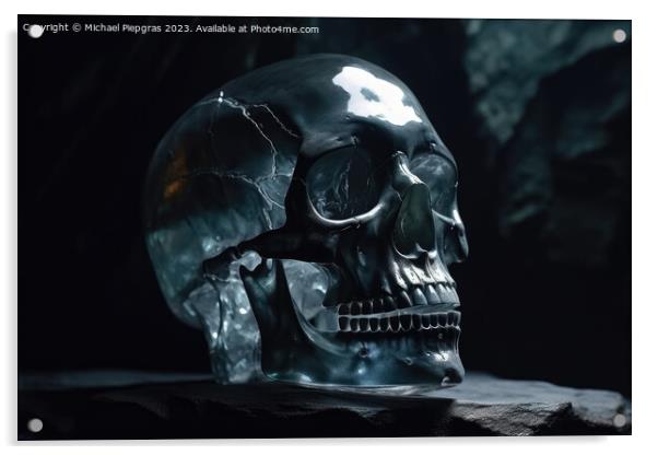 A crystal skull in a dark cave created with generative AI techno Acrylic by Michael Piepgras