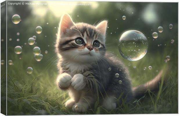 A cute kitten plays with soap bubbles in the flat grass created with generative AI technology. Canvas Print by Michael Piepgras