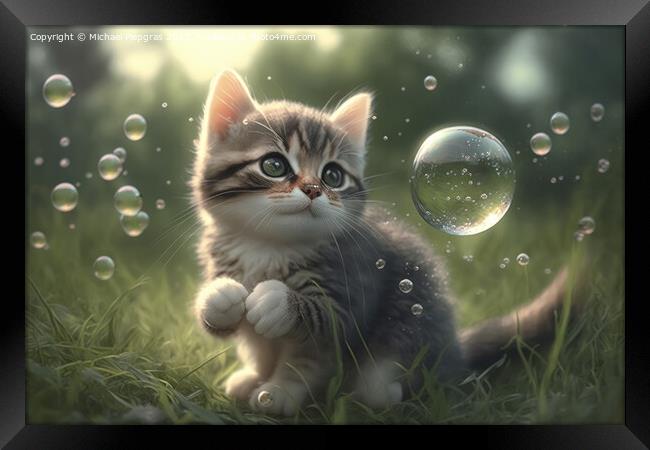A cute kitten plays with soap bubbles in the flat grass created with generative AI technology. Framed Print by Michael Piepgras