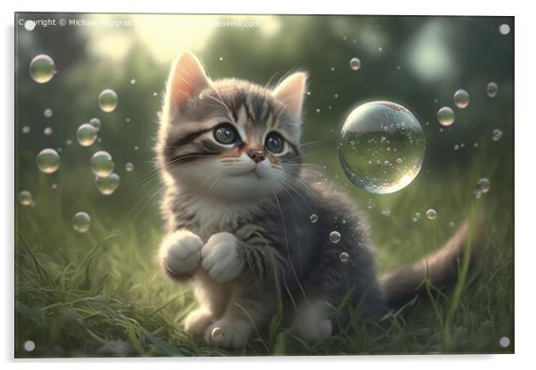 A cute kitten plays with soap bubbles in the flat grass created with generative AI technology. Acrylic by Michael Piepgras