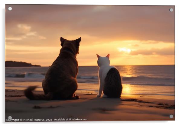A dog and a cat seen from behind on the beach look dreamily into Acrylic by Michael Piepgras