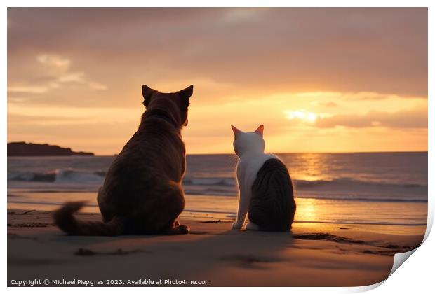 A dog and a cat seen from behind on the beach look dreamily into Print by Michael Piepgras