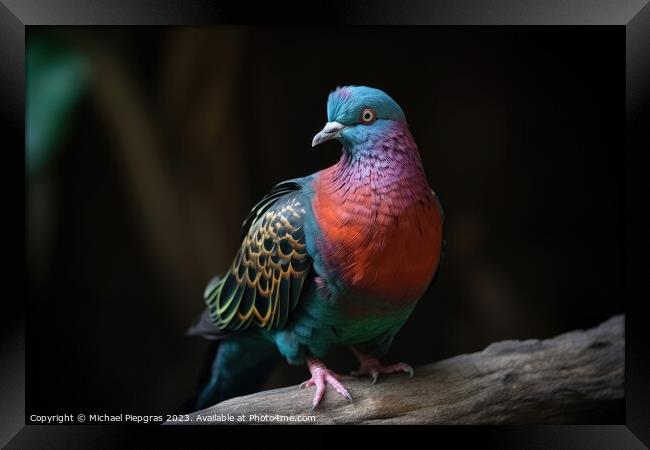 A dove thinking it is a colorful parrot  created with generative Framed Print by Michael Piepgras