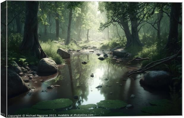 A dark forest with floating water created with generative AI tec Canvas Print by Michael Piepgras