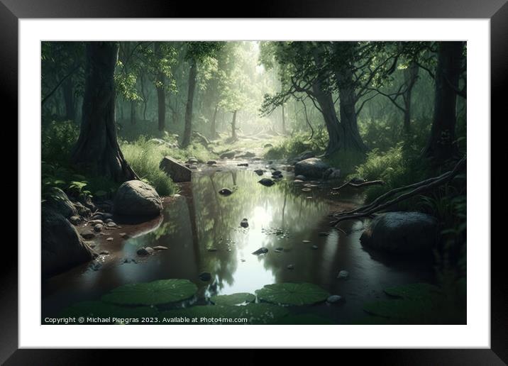 A dark forest with floating water created with generative AI tec Framed Mounted Print by Michael Piepgras