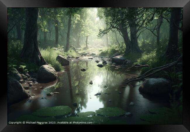 A dark forest with floating water created with generative AI tec Framed Print by Michael Piepgras