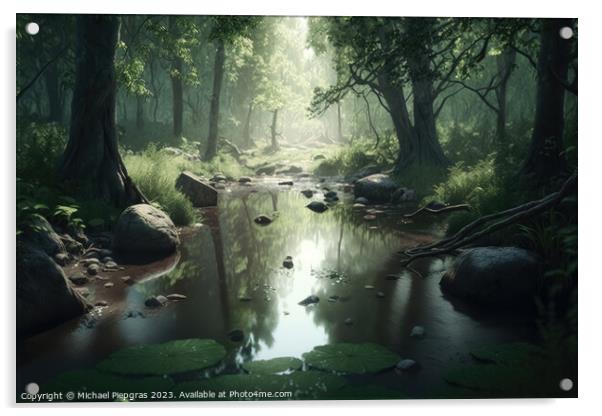 A dark forest with floating water created with generative AI tec Acrylic by Michael Piepgras