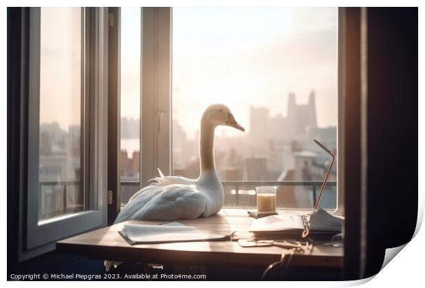 A goose with white feathers works hard at a desk in the office c Print by Michael Piepgras
