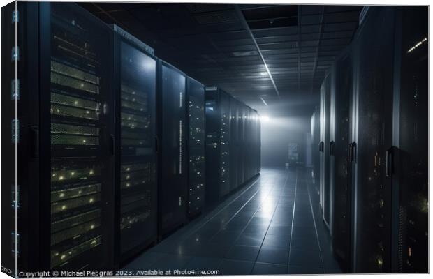 A large data centre with many computer racks in dark light with  Canvas Print by Michael Piepgras