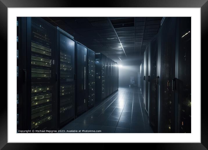 A large data centre with many computer racks in dark light with  Framed Mounted Print by Michael Piepgras