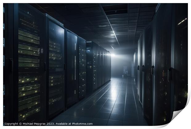 A large data centre with many computer racks in dark light with  Print by Michael Piepgras