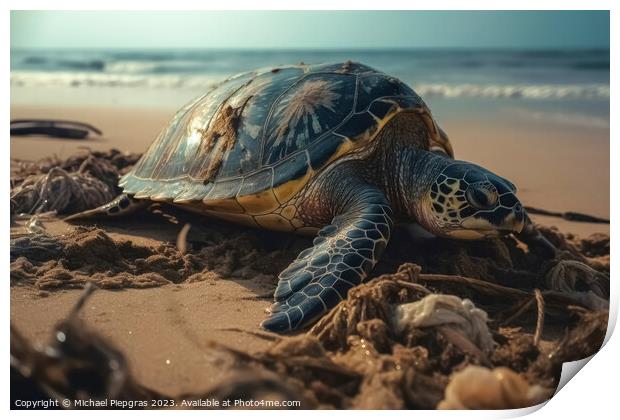 A large turtle drags itself onto a beach created with generative Print by Michael Piepgras