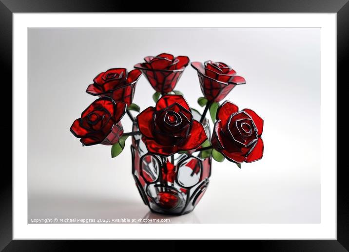 A larger bouquet of red roses made of stained glas on a white su Framed Mounted Print by Michael Piepgras