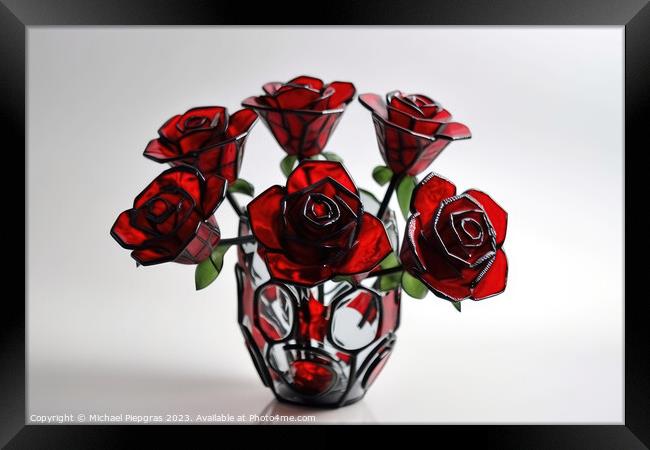 A larger bouquet of red roses made of stained glas on a white su Framed Print by Michael Piepgras