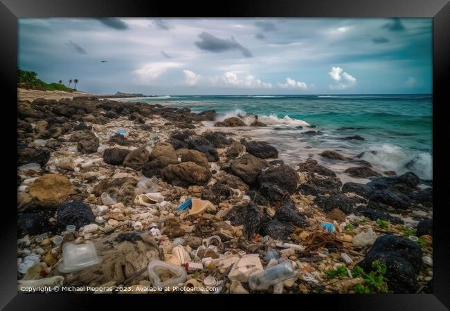 A lot of plastic waste on a tropical dream beach created with ge Framed Print by Michael Piepgras