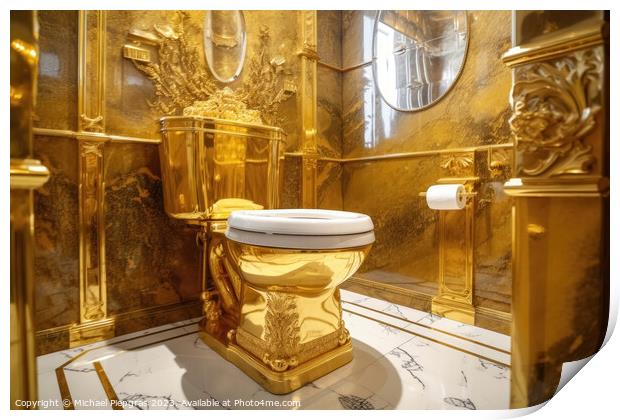 A luxurious toilet made of pure gold created with generative AI  Print by Michael Piepgras