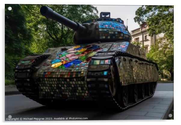 A military tank made of stained glas on a road created with gene Acrylic by Michael Piepgras