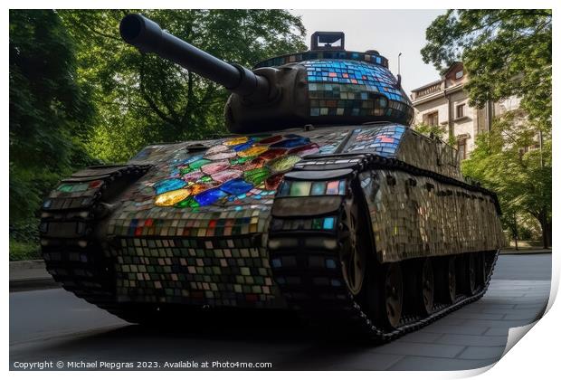 A military tank made of stained glas on a road created with gene Print by Michael Piepgras