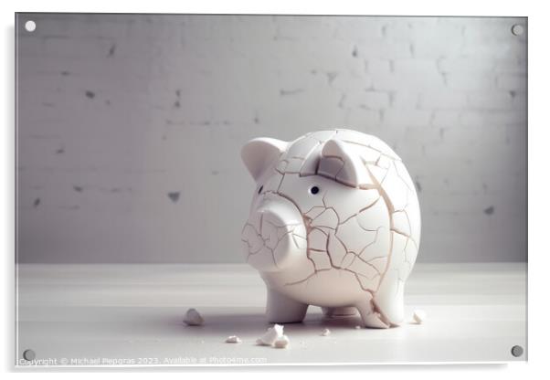 A sad piggy bank with cracks and a plaster indicates insolvency  Acrylic by Michael Piepgras