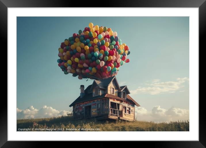 A small vintage house floats through the sky on many colourful b Framed Mounted Print by Michael Piepgras