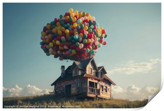 A small vintage house floats through the sky on many colourful b Print by Michael Piepgras