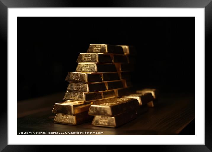 A stack of gold bars on a dark tabletop created with generative  Framed Mounted Print by Michael Piepgras