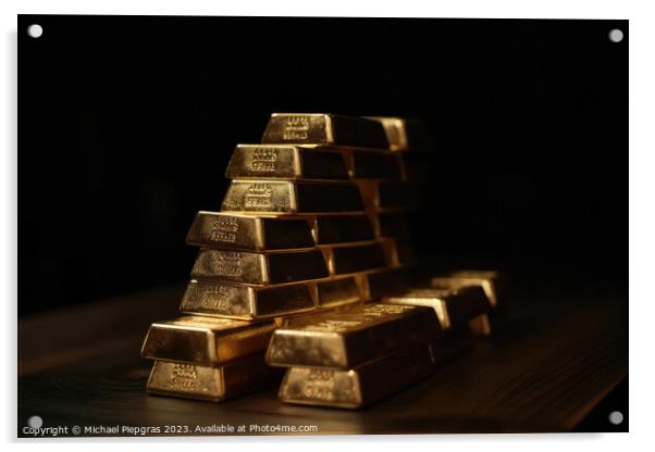 A stack of gold bars on a dark tabletop created with generative  Acrylic by Michael Piepgras