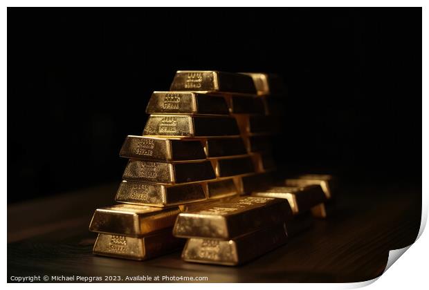 A stack of gold bars on a dark tabletop created with generative  Print by Michael Piepgras