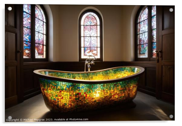 A stained glass bathtub created with generative AI technology. Acrylic by Michael Piepgras