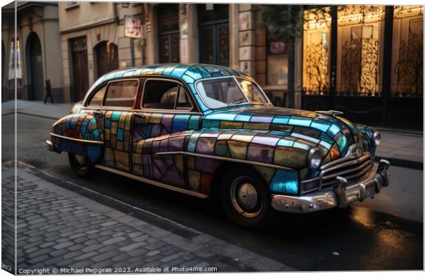 A stained glass vintage car on an empty street created with generative AI technology Canvas Print by Michael Piepgras