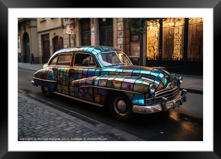 A stained glass vintage car on an empty street created with generative AI technology Framed Mounted Print by Michael Piepgras