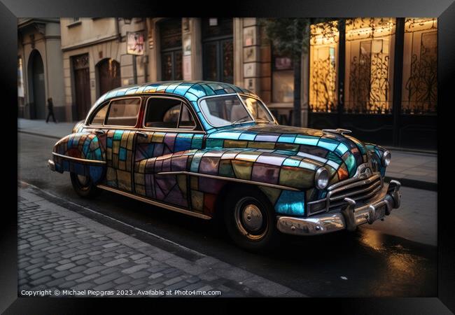 A stained glass vintage car on an empty street created with generative AI technology Framed Print by Michael Piepgras